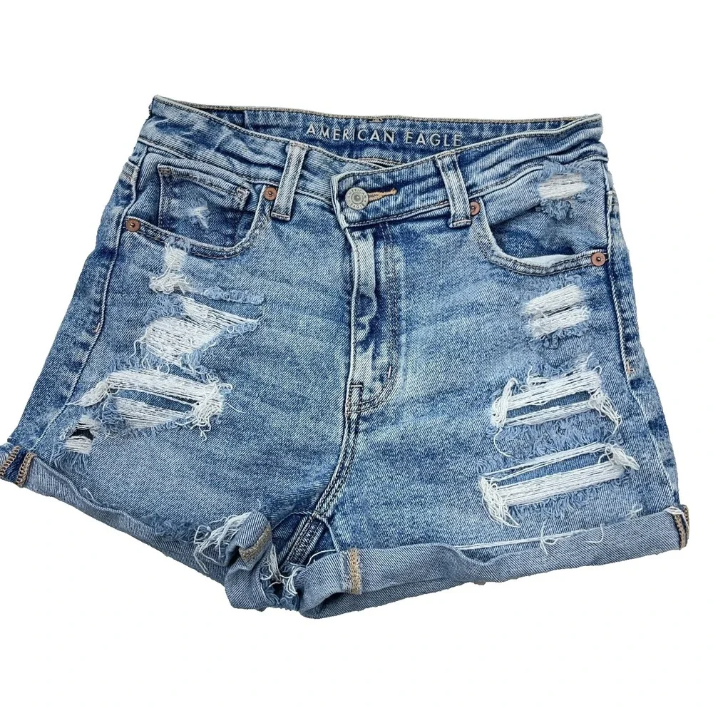 American Eagle Shorts Women 2 Cut Off Baggy Mom Med Wash Faded Holes Jorts